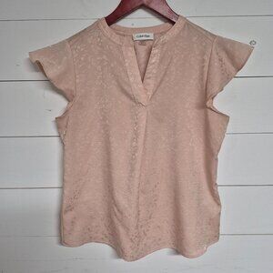 Calvin Klein Womens Blush Pink Floral Jacquard Flutter Sleeve Blouse Size PS